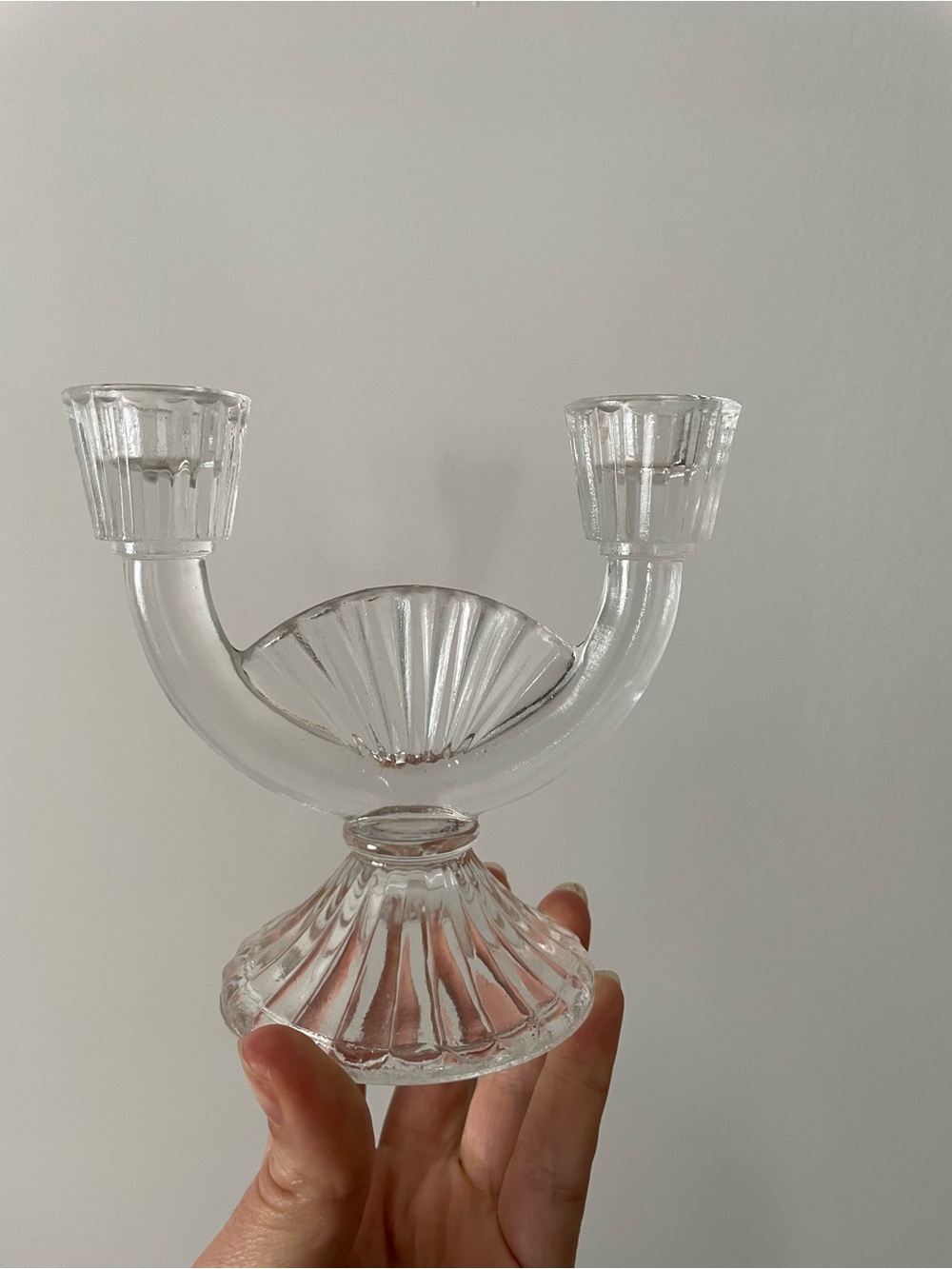 Vintage Clear Glass Double Candelabra Candlestick Holders - Pair